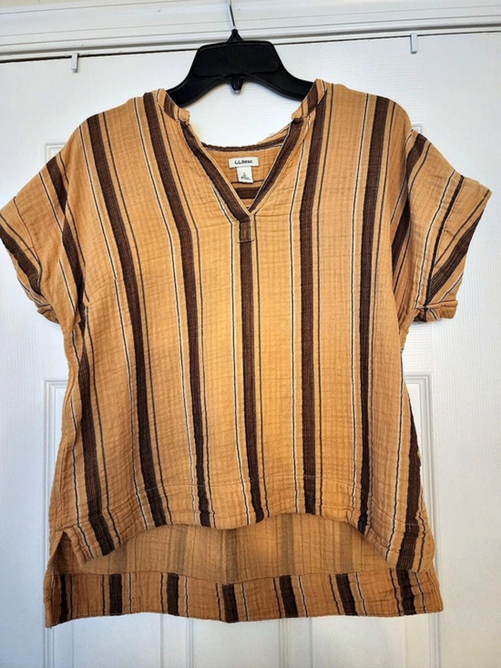 L.L.Bean Cloud Gauze Short Sleeve Striped Top Striped Short Sleeve Top Brown &